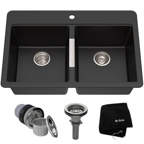 33 Inch Dual Mount 50/50 Double Bowl Granite Kitchen Sink w/ Topmount and Undermount Installation in Black Onyx