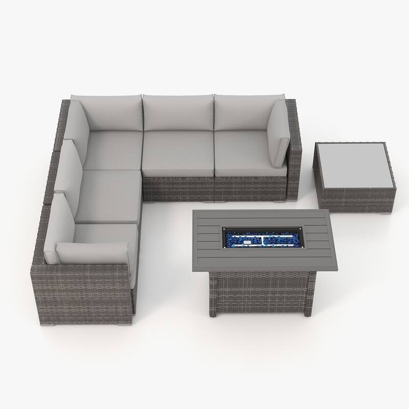 7 Piece Wicker Set Patio Sofa Furniture with Fire Pit And Table