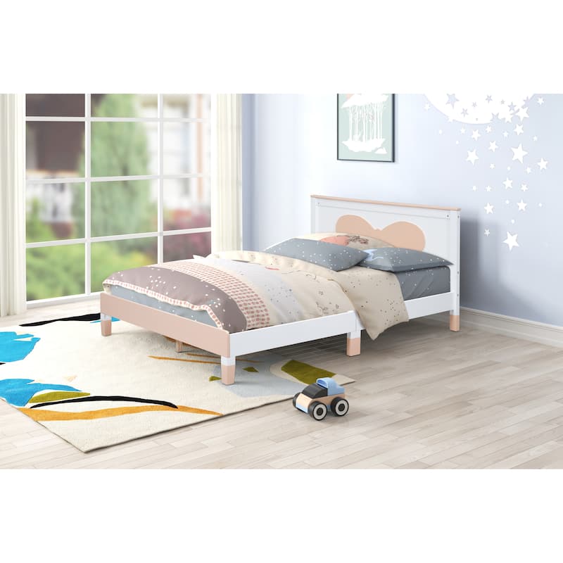 Queen Size Wood Platform Bed with Bow-shaped Pattern Headboard for Kids for Bedroom - White+Multi - Queen