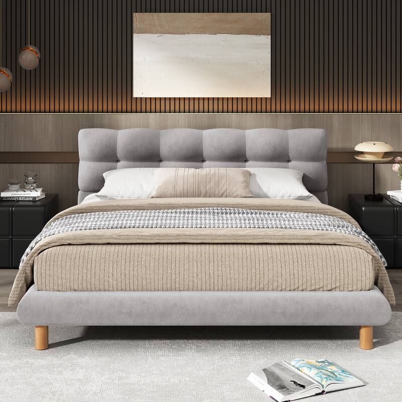 Grey Platform Bed Frame with Cookieshaped Headboard Upholstered Wingback Bed, Low-Profile Grounded Bed with Round Wood Legs - Grey - Queen