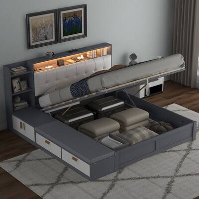 Queen Size Platform Bed with Storage Shelves and,USB Charging