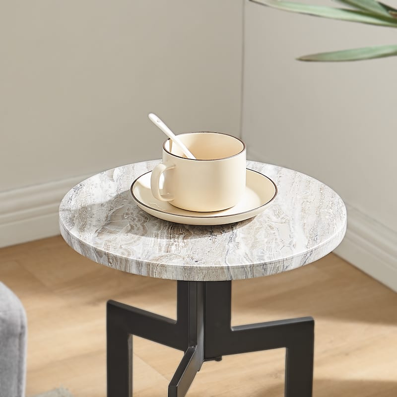 Black Metal Sculptural Pedestal & Faux Stone Tabletop Accent End Table