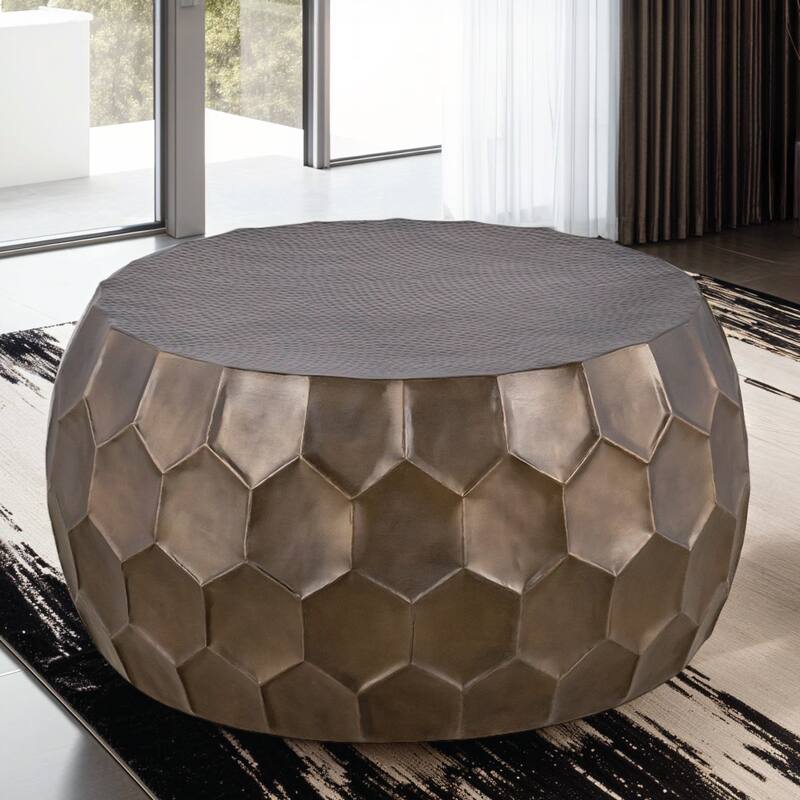 Modern Contemporary Round Aluminum material 32" Coffee Table and 21"Height End Table Set 2PC Tables with Glossy Diamond- - Gold