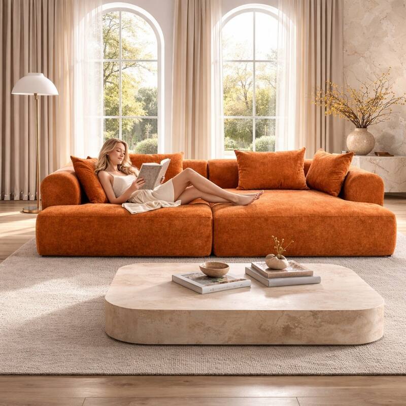 96" Boucle Fabric Sectional Sofa with Four Pillows, No Assembly Required