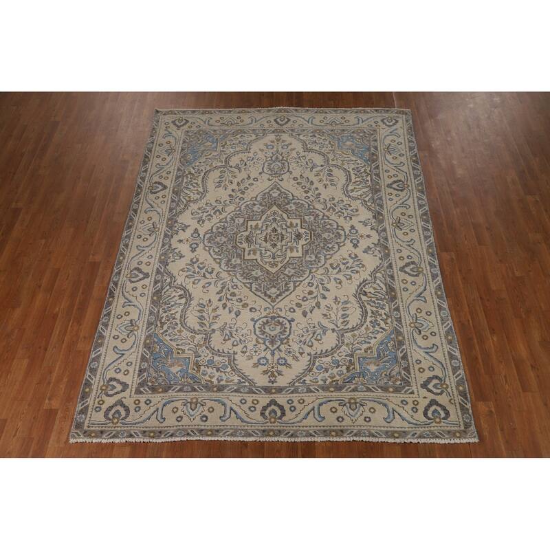 Tabriz Persian Area Rug Traditional Beige Handmade Wool Carpet - 6'9"x 9'1"