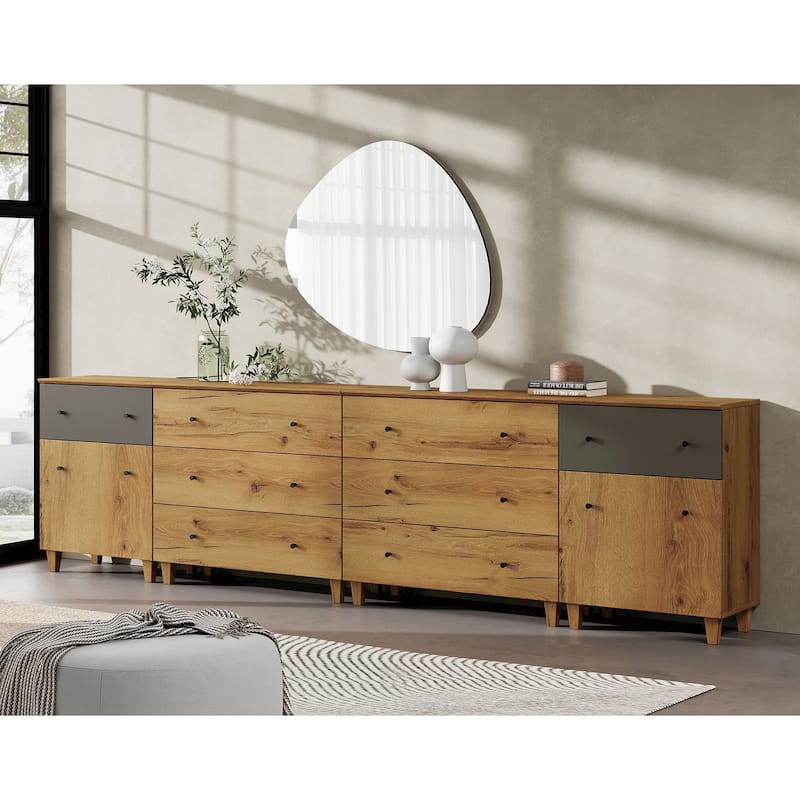 Wood Dresser with 8 Drawers and 2 Cabinets for Bedroom, 118" Wide - Oak Brown