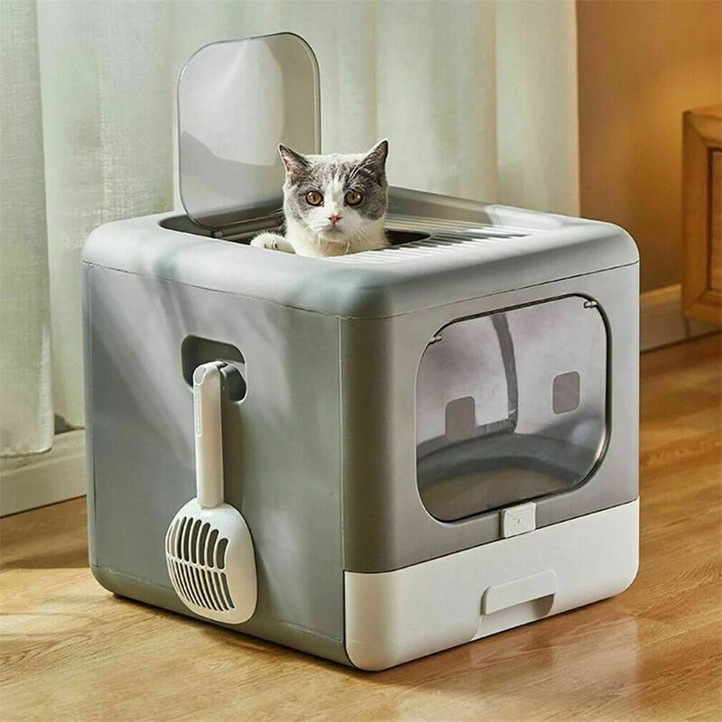 2Way Enclosed Cat Litter Box Top Entry with Scoop Fully Pull Out Drawer, Easy to Install&clean - Gray