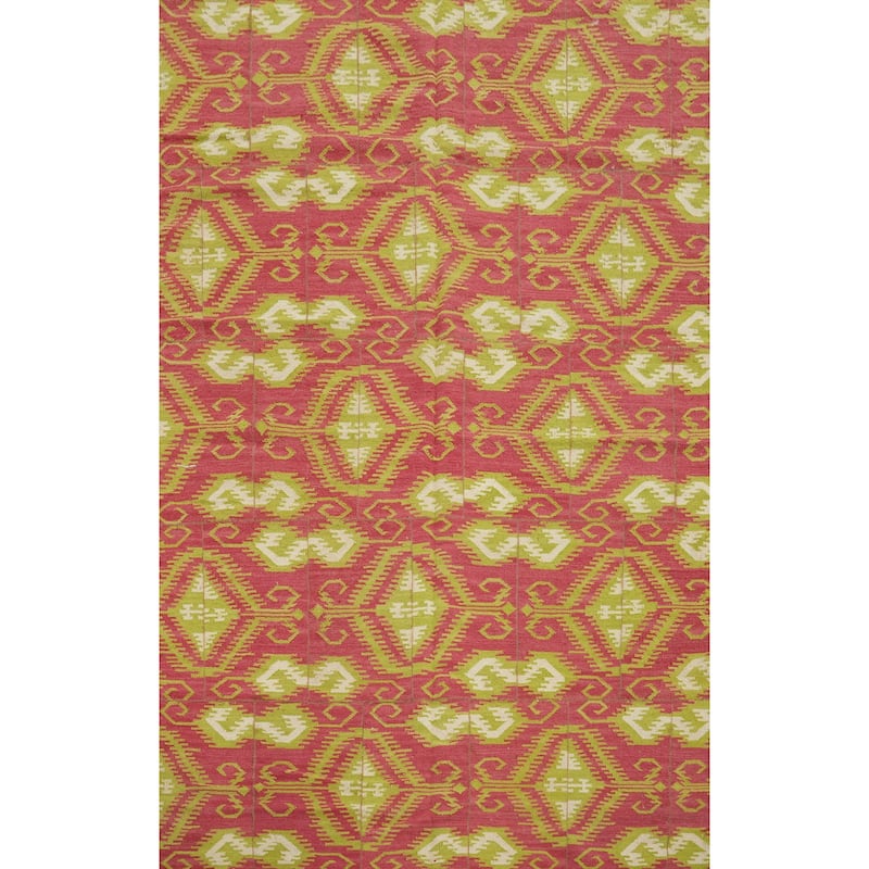 Hand Woven Oriental 100% Wool Carpet Southwestern All-Over Pink Kilim Area Rug - 8' 10'' X 5' 10''
