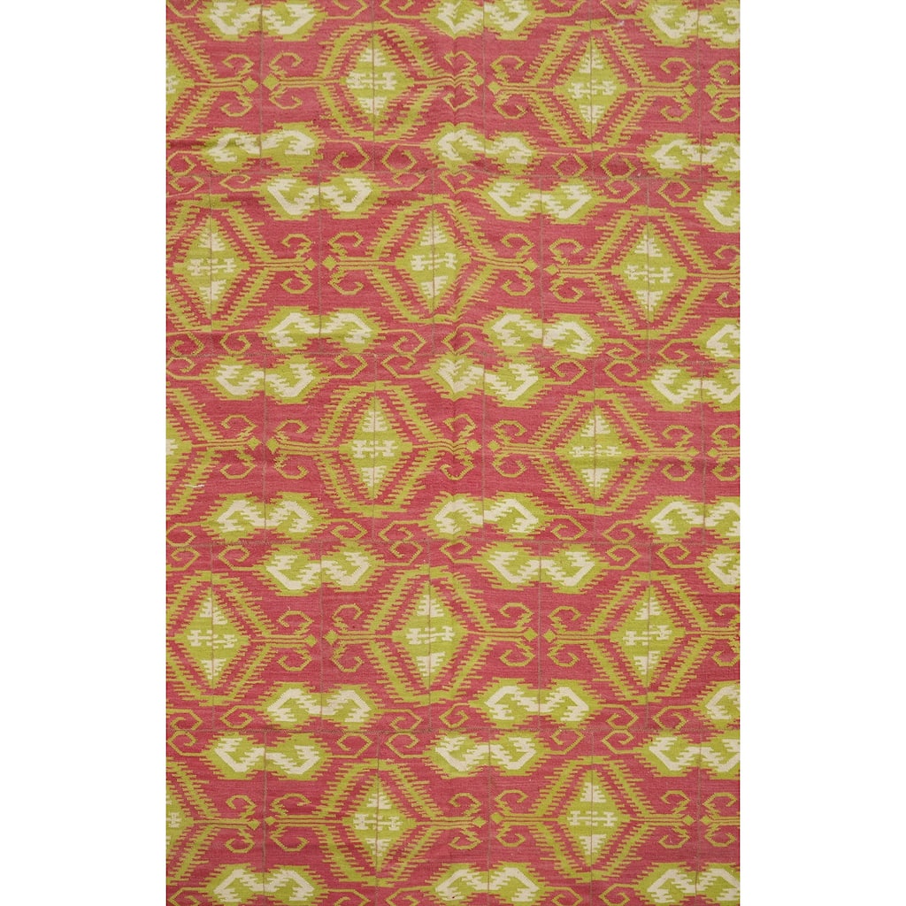 Hand Woven Oriental 100% Wool Carpet Southwestern All-Over Pink Kilim Area Rug - 8' 10'' X 5' 10''