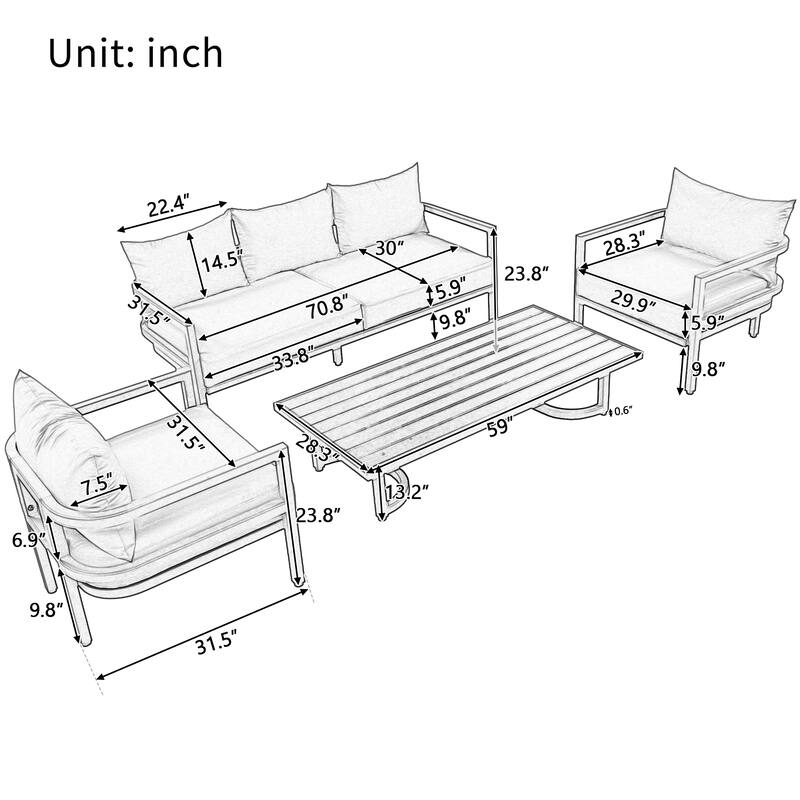 4-Piece Outdoor 5-Seater Steel Cnversation Sofa Set with Coffee Table, Waterproof, Anti-rust and Anti-UV