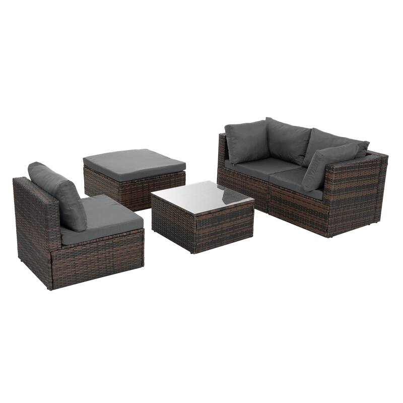 GDFStudio - Stylish 5-Piece Outdoor PE Wicker Patio Set with Tempered Glass Coffee Table, Seats 4