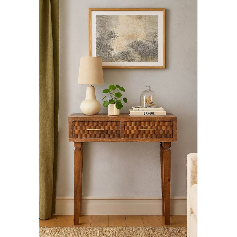 Artisan Furniture Solid Wood Arno Console Table in Golden Teak, 2-Drawers - N/A - beige