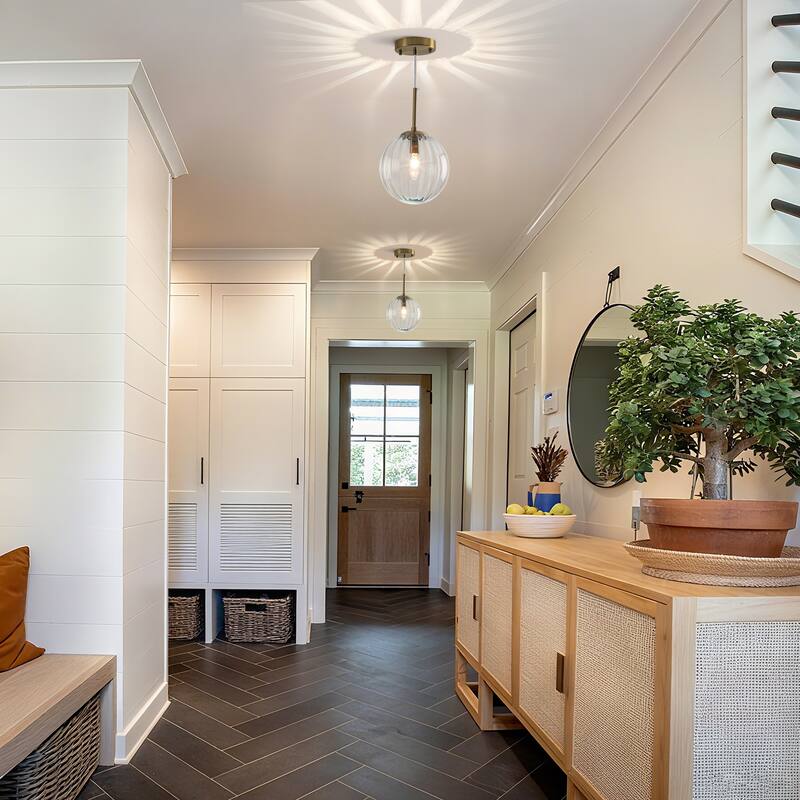 1-Light Brushed Gold Pendant Lighting with Clear Ribbed Glass Shade