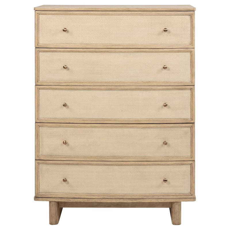 Lno Tall Dresser Chest, 5 Cane Accent Drawers w Brass Knobs, Oak Beige