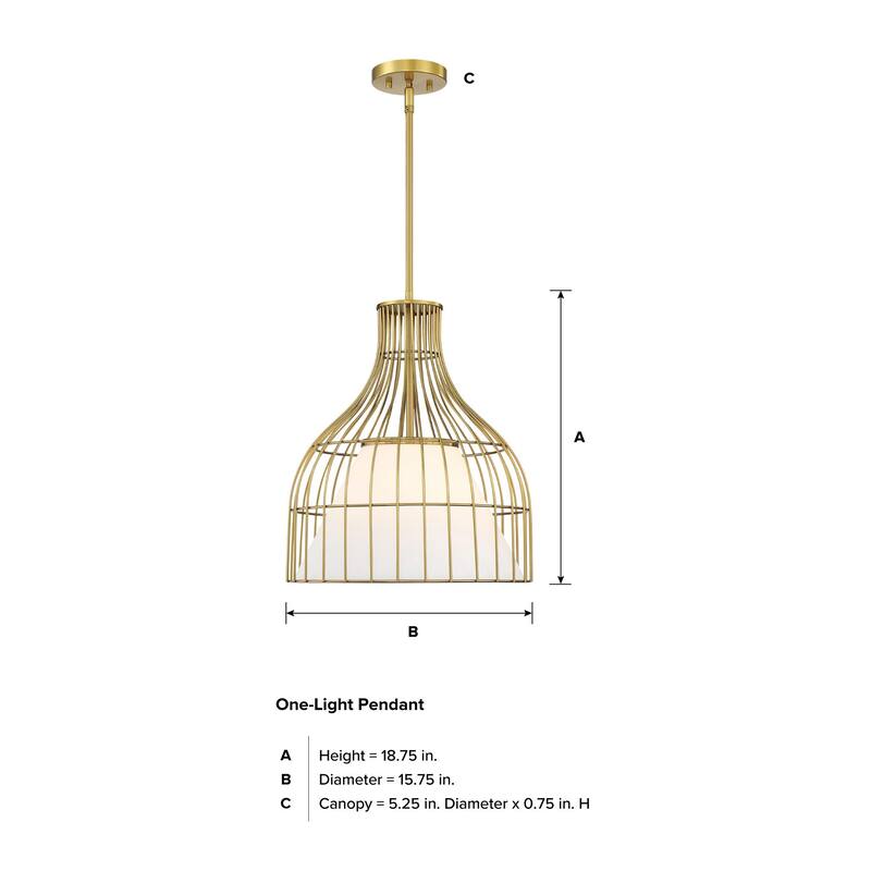 Evensong 60 Watt 1-Light Brushed Gold Bell Pendant with Etched Opal Glass Shade and Metal Outer Cage - 18.75