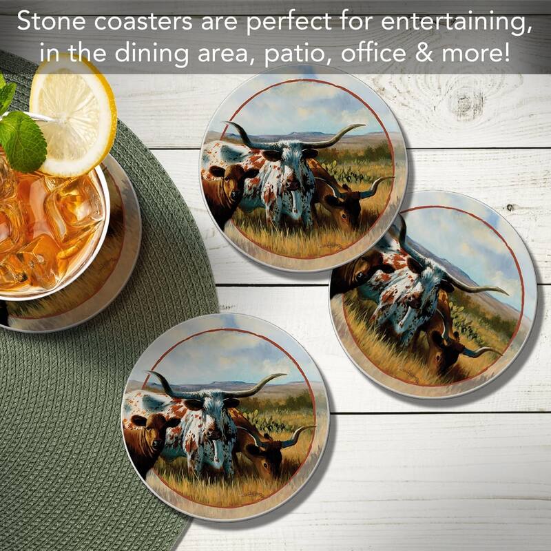 Longhorns 4 Pack Absorbent Stone Coasters with Protective Cork Backing Made in The USA Artistic Absorbent Easily Wipes Clean