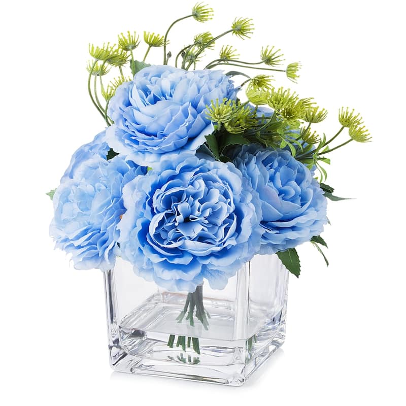 Enova Home Artificial Mixed Silk Peony Fake Flowers in Cube Glass Vase ...