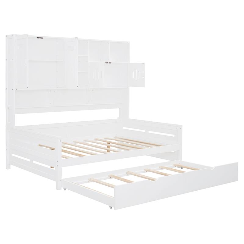 Full Size Wood Daybed with Built-in Storage Cabinet, Open Shelves & Twin Trundle Bed, Space-Saving Multi-Functional Frame
