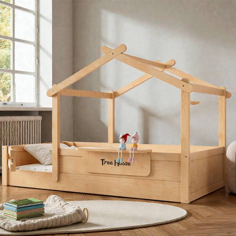 Kids House Floor Bed with Guardrails and Roof, Built-in Tray and Signboard, Montessori Floor Bed for Toddlers