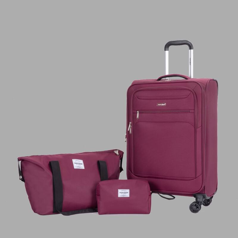 Durable 3-Piece Polyester Luggage Set (18" Carry-On, Travel Bag, Toiletry Bag) with 360° Spinner Wheels - Wine Red