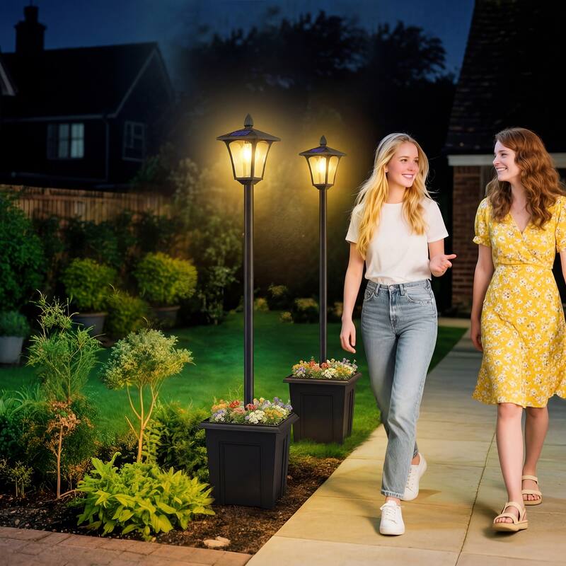 Outsunny 63" Solar Lamp Post Lights 2 Pack, Waterproof LED Solar Light Posts with Planter, Outdoor Lamps for Patio - Black