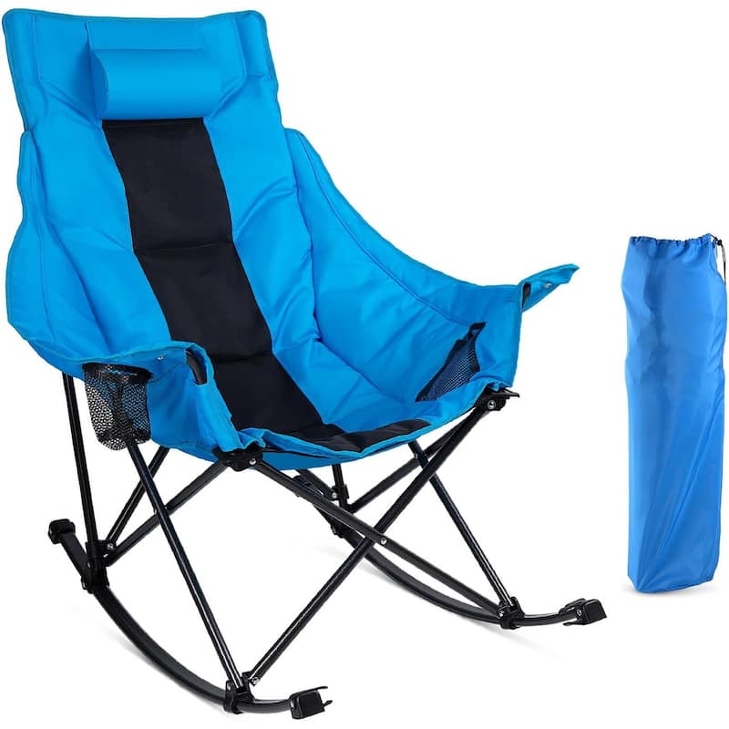 BOSSIN Heavy-Duty Oversized Rocking Camp Chair, Portable Folding w/Cup Holder, Cooler & Pocket for Camping, Beach, Backyard - Blue