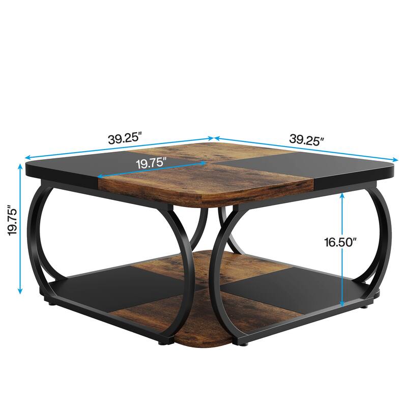 39"Square Coffee Table with Storage Shelf - 2-Tier Modern Farmhouse Coffee Table with Heavy-Duty Metal Curved Frame