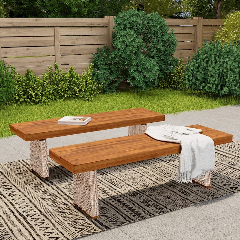 Outdoor Acacia Wood Bench(Set of 2), Teak Finish+ Brown Wicker - Brown,Teak