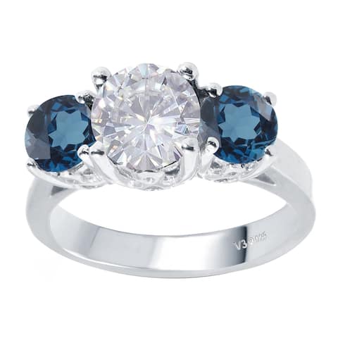 Sterling Silver with Moissanite and London Blue Topaz Three-Stone Ring