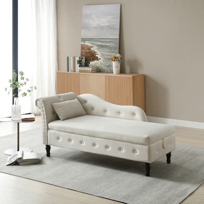 Beige Modern 60" Velvet Upholstered Buttons Tufted Chaise Lounge Chair with Solid Wood Legs and Storage