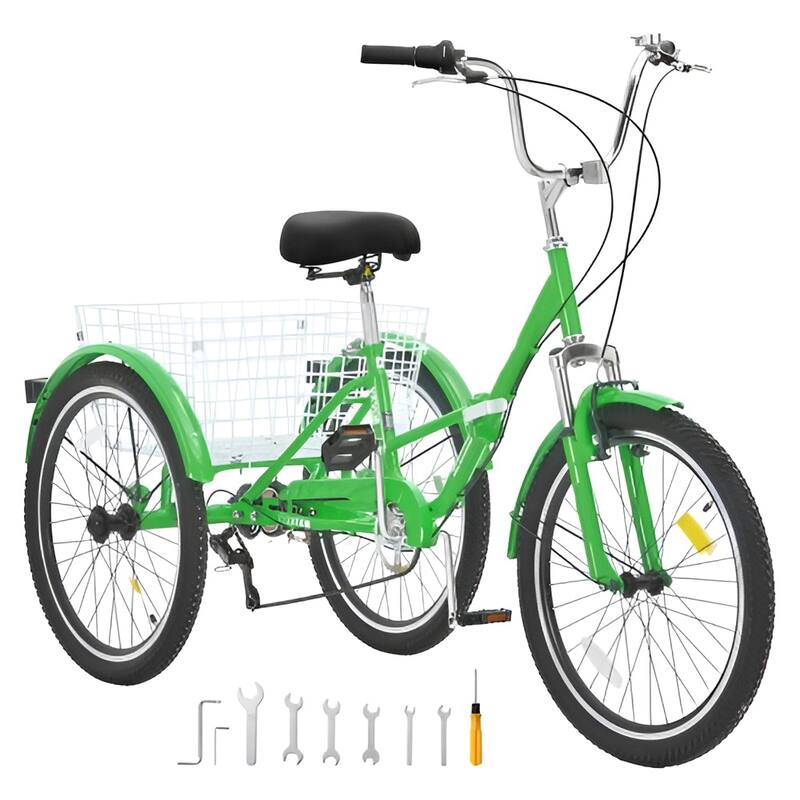 24-Inch Folding Adult Tricycle, 7-Speed Carbon Steel 3-Wheel Bike with Basket - 70.9 x 29.9 x 45.9 in