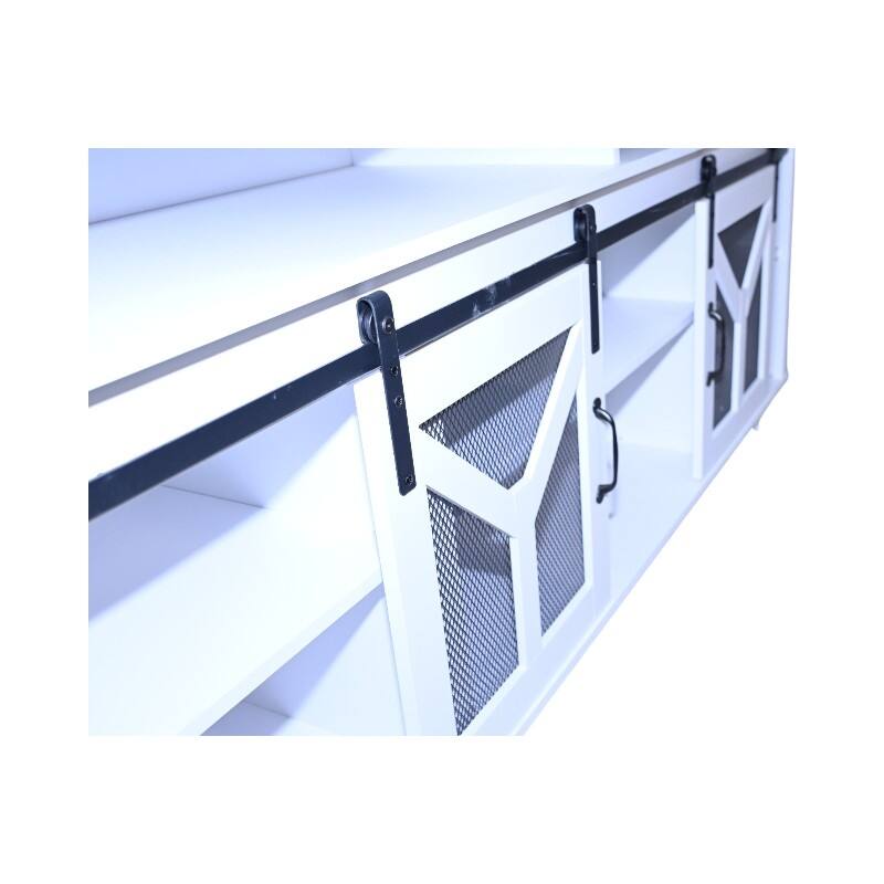 Country Style TV Stand LED TV Stand with Lron Mesh Barn Door and Y Decorative Strip, for Living Rooms, White+Walnut