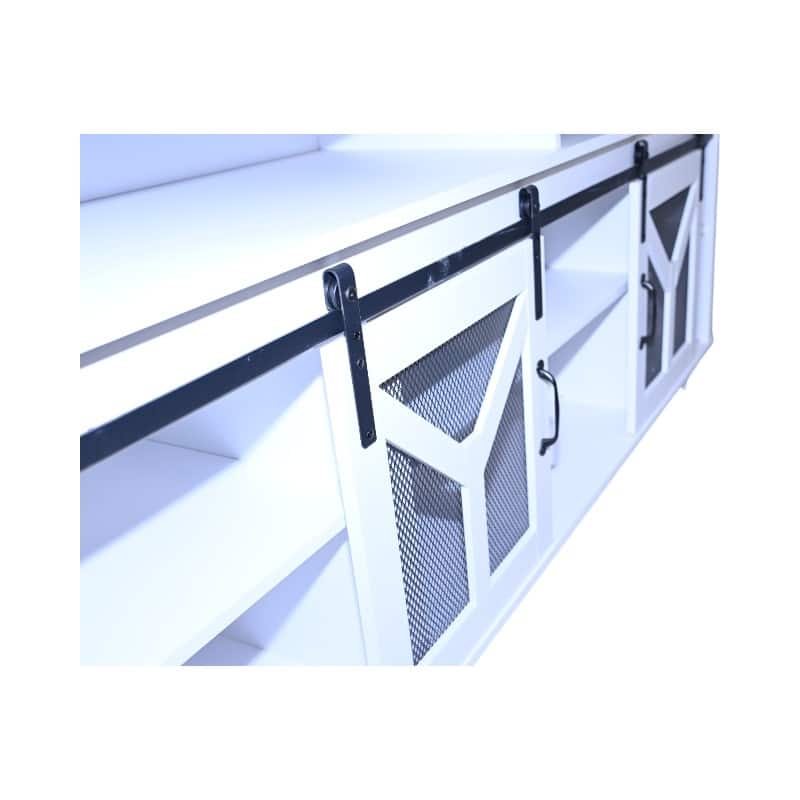 TV Stand with LED Light Strips, Multi-functional Entertainment Center, Console Table with Iron Mesh Barn Door & Open Shelf