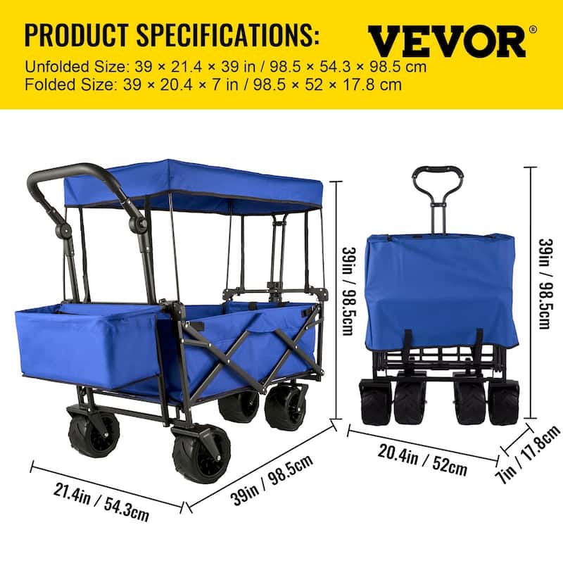 Steel 600D Oxford Folding Wagon 220lbs Cart w/ Canopy & Wheels - 39"x21.4"x39"