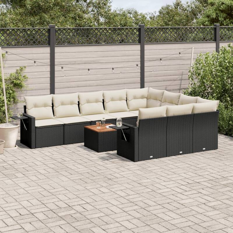 vidaXL Garden Sofa Set with Cushions Outdoor Sofa Set Corner Seat Poly Rattan - Black and Cream Table + 6x middle + 2x corner - 24.4 x 24.4 x 27.2 in (W x L x H)