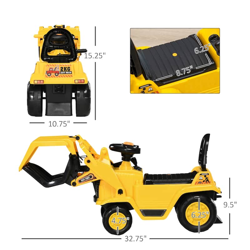 Kids Excavator Ride-On Toy with Rope Pull and Back-Up Beeps Storage Under Seat for Outdoor Play - 32.75" L x 10.75" W x 15.25" H