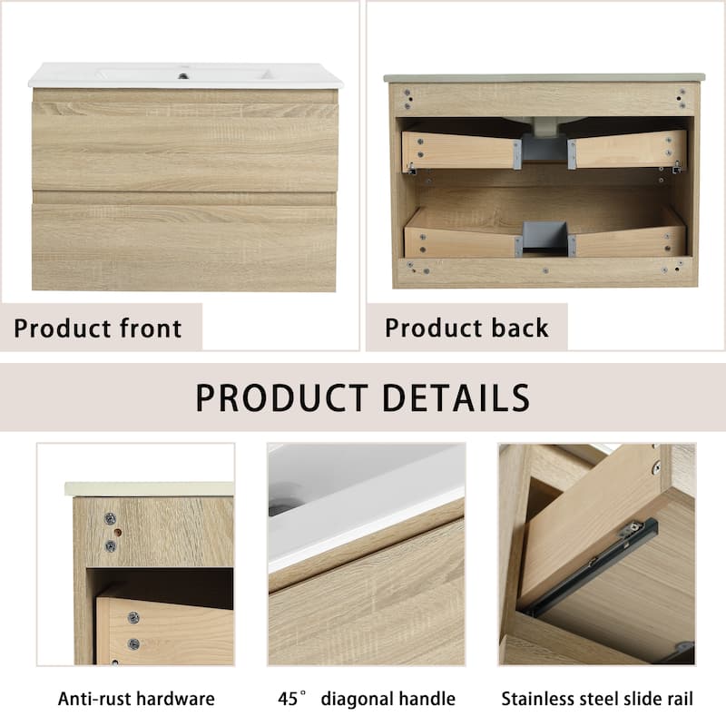 Bathroom Vanity With Sink In 24/30/36 Inch, Floating Bathroom Vanity With Soft Close Drawer