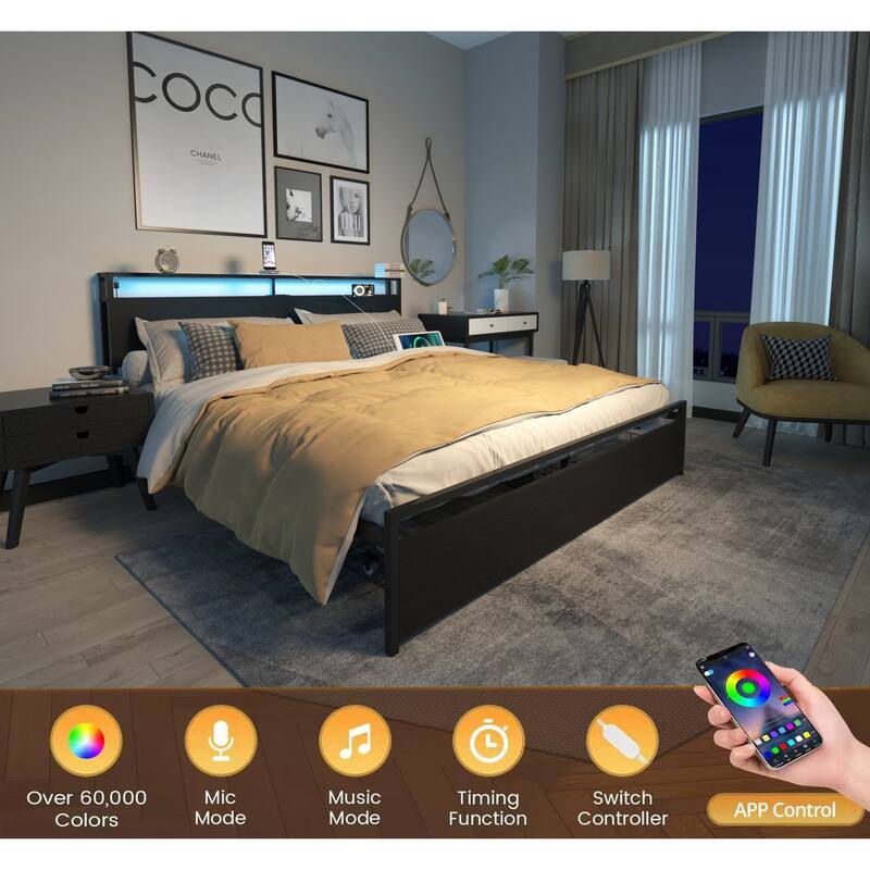 King Size Heavy Duty Metal Platform Bed with 2 Drawers, Smart LED Bed Frame, Storage Headboard with Charging Station - Black - King