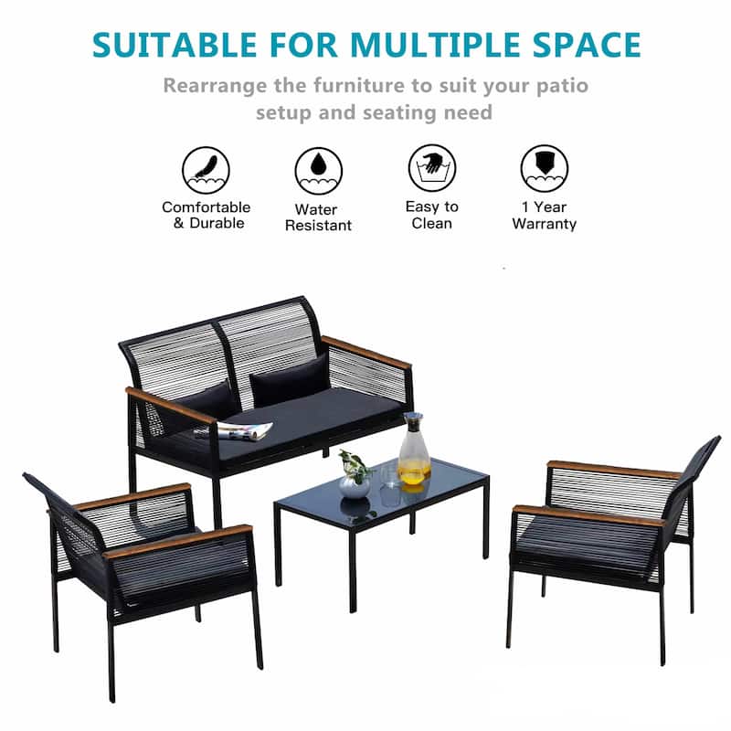 4-pc. Black Wicker Cord Patio Conversation Set