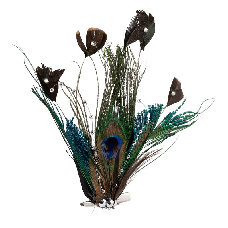 Peacock Ocelli Feather Clip-On Christmas Ornament -6" - Brown, Green and Blue