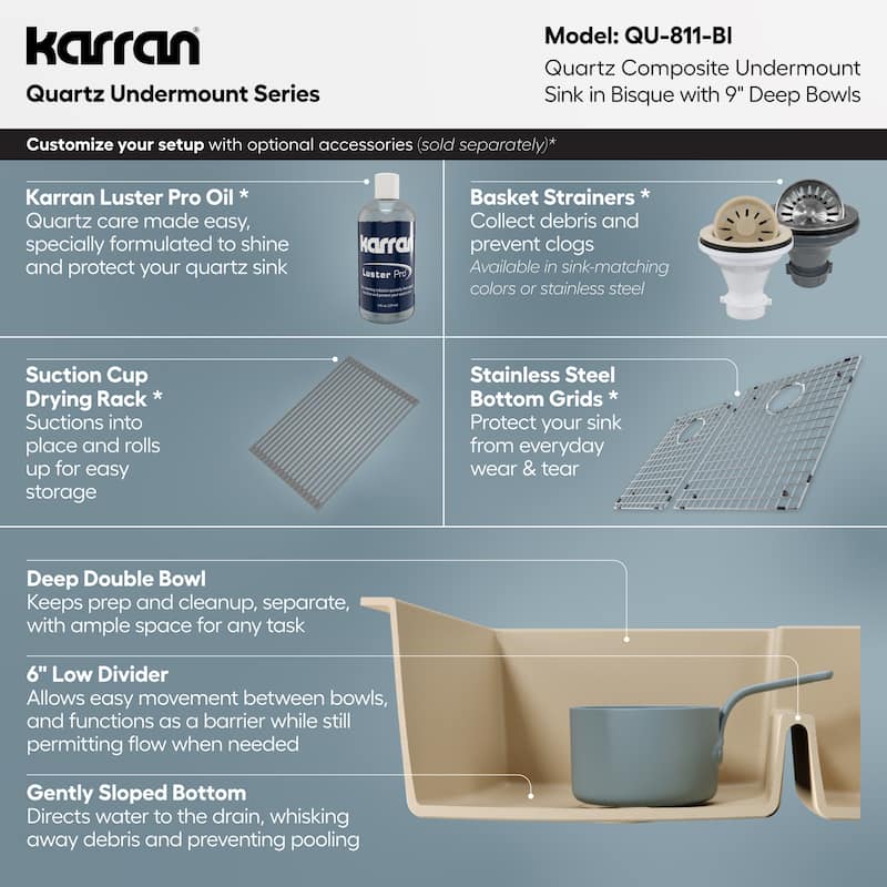 Karran Undermount Large/Small Bowl Quartz Kitchen Sink - 32" x 21.25" x 9" - 32" x 21.25" x 9"