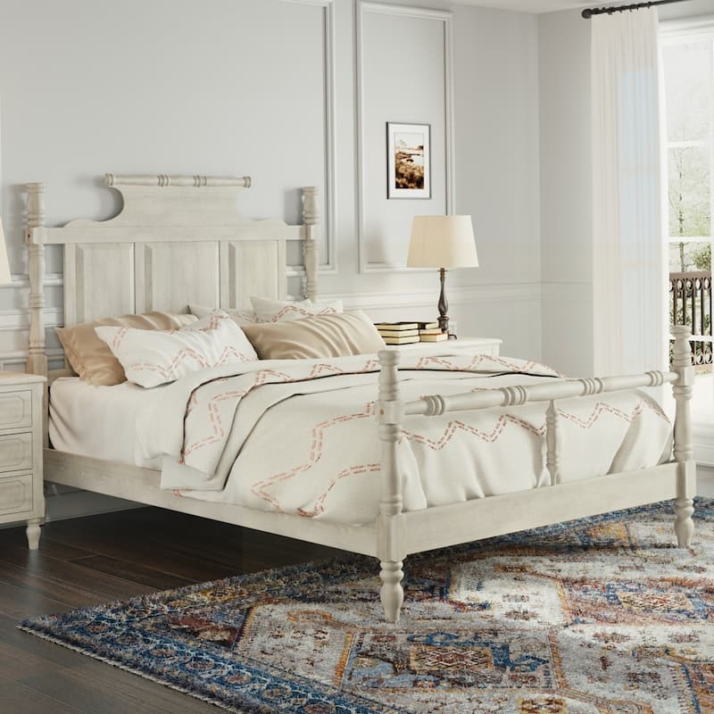 Four Poster Platform Bed with 56.9" High Crown-like Headboard