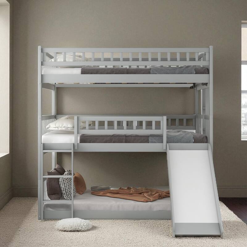 Full Triple Bunk Bed with Slide, Built-in Ladders & Guardrails, Solid Wood, Converts to 3 Full Beds, Space-Saving - Grey - Full