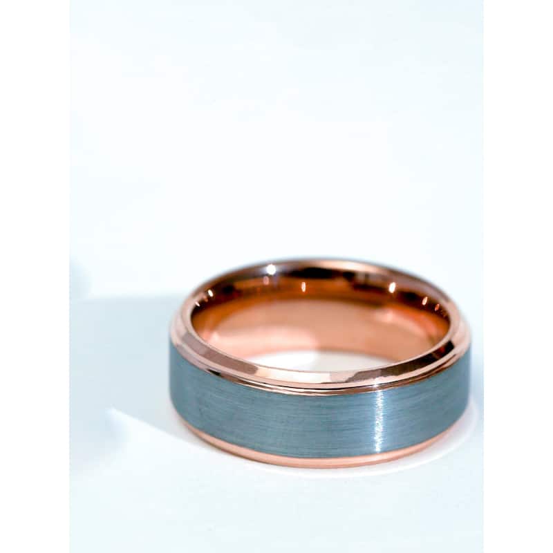 Kobelli 8mm Tungsten Carbide Brushed Matte Surface & Glossy Sleeve Comfort Fit Kyle Ring - Black-Black or Gunmetal-Rose
