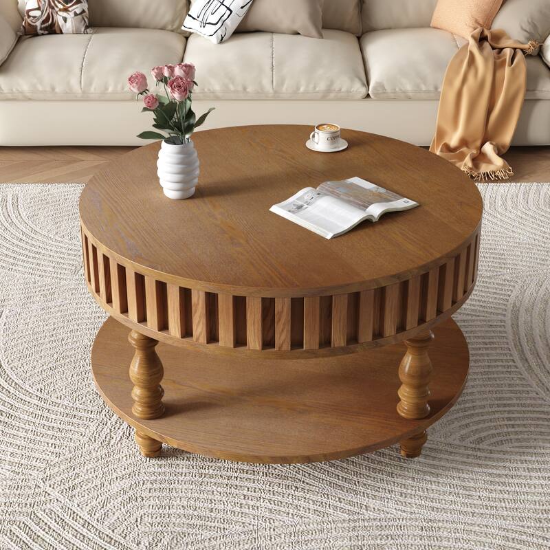 Fluted Coffee Table End Table Side Table with Storage, Rustic Center Table Sofa Table with Flip-Top Lids