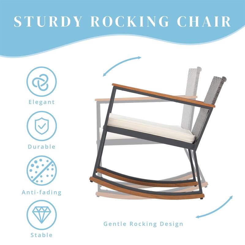 3 Pieces Rocking Wicker Bistro Set, Patio Outdoor Furniture Conversation Sets with Porch Chairs and Glass Coffee Table