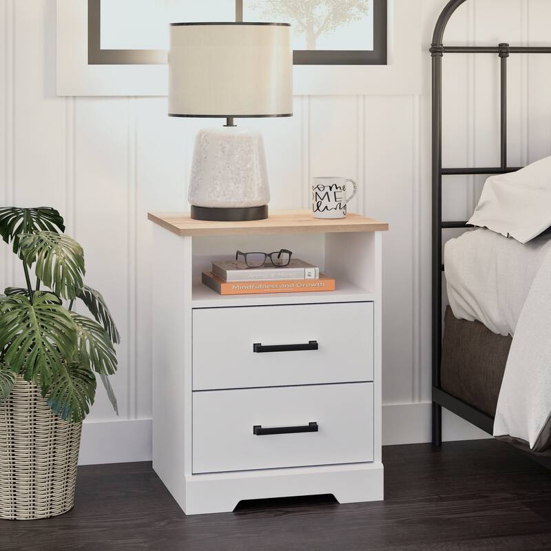 Prepac Rustic Ridge Farmhouse Nightstand Bedside Table, Nightstand for Bedroom, End Table with 2 Drawers and Open Shelf