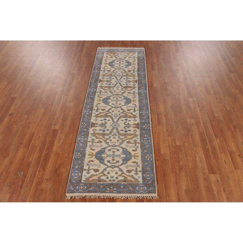Ivory & Blue Oushak Indian Runner Rug Handmade Wool Carpet - 2'7"x 7'8"