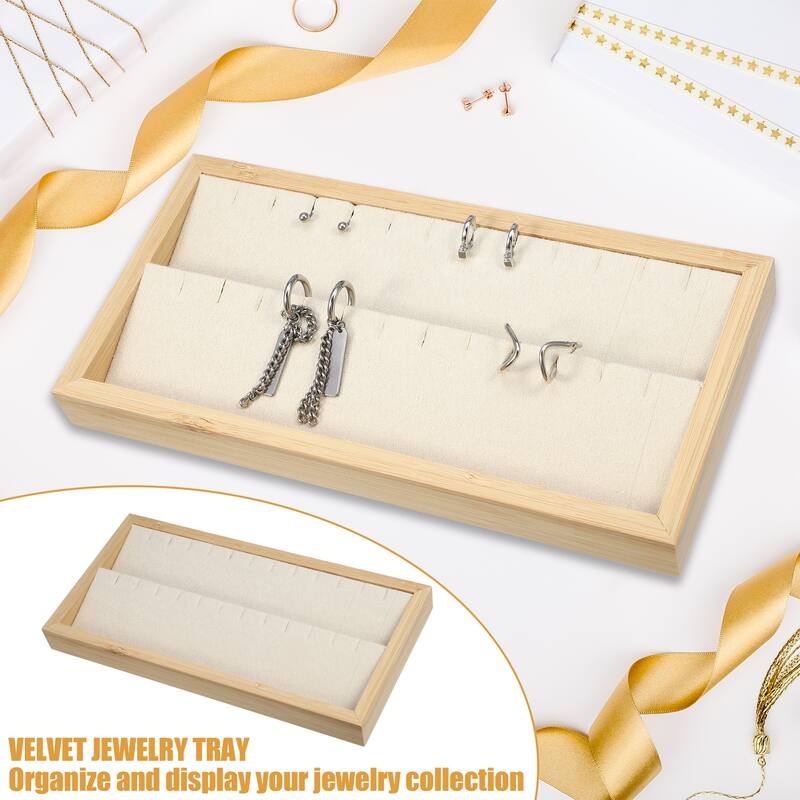 Bamboo Wood Earrings Tray, Stackable Storage Jewelry Tray Showcase Display Organizer for Earrings - Beige