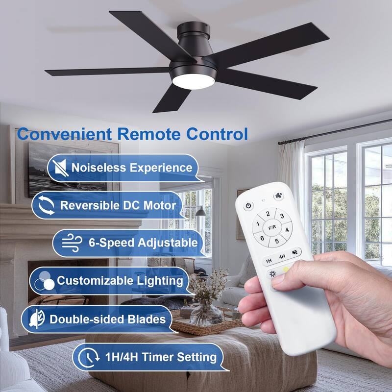 52 in. Dimmable LED Indoor/Outdoor Black Ceiling Fan with Light and Remote, 5 Blades, 6 Speeds DC Reversible, Noiseless